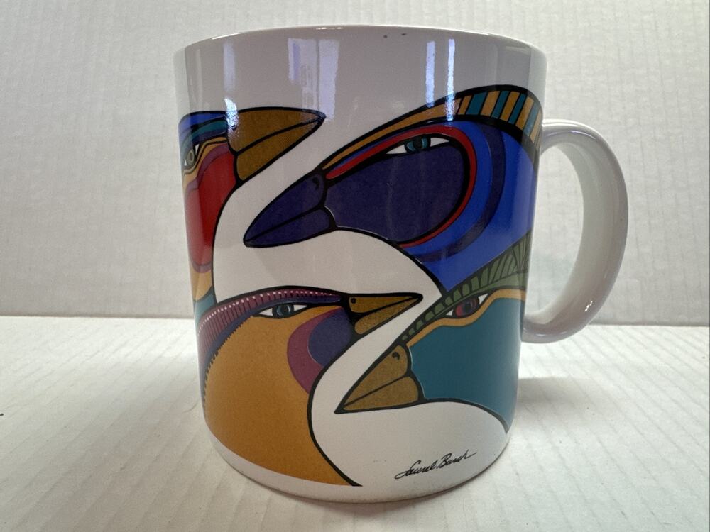 NEW - Laurel Burch Four Mynah Harlequin Birds Coffee Cup Mug Bird White Tea